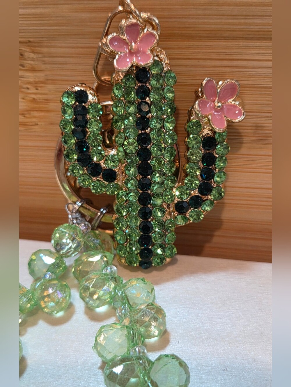 🌵 Stunning Bling Rhinestone Cactus Keychain & Bag Charm with Beaded Wristlet 🌵